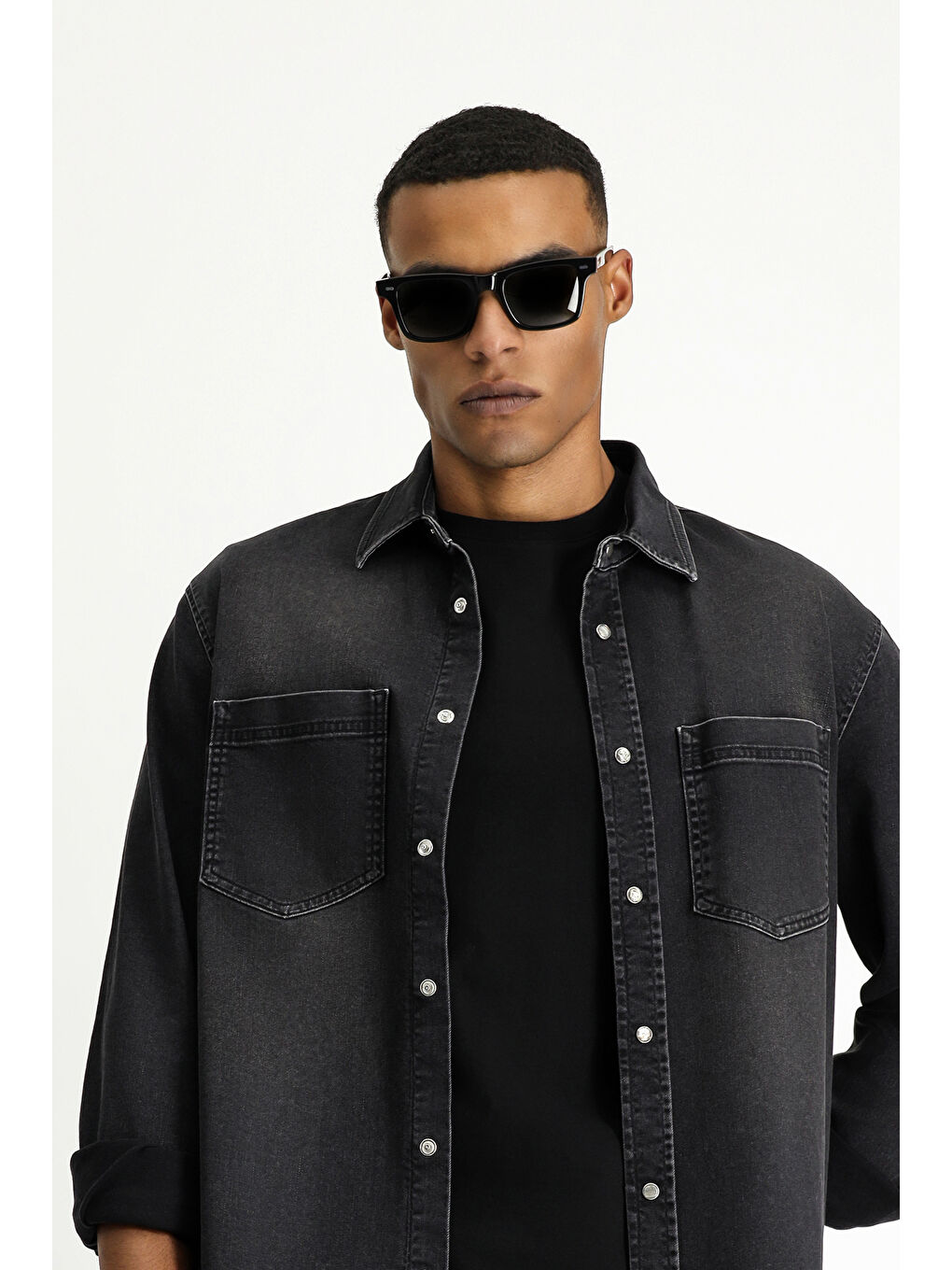 Siyah Uzun Kol Regular Fit Denim Pamuklu Gömlek-3