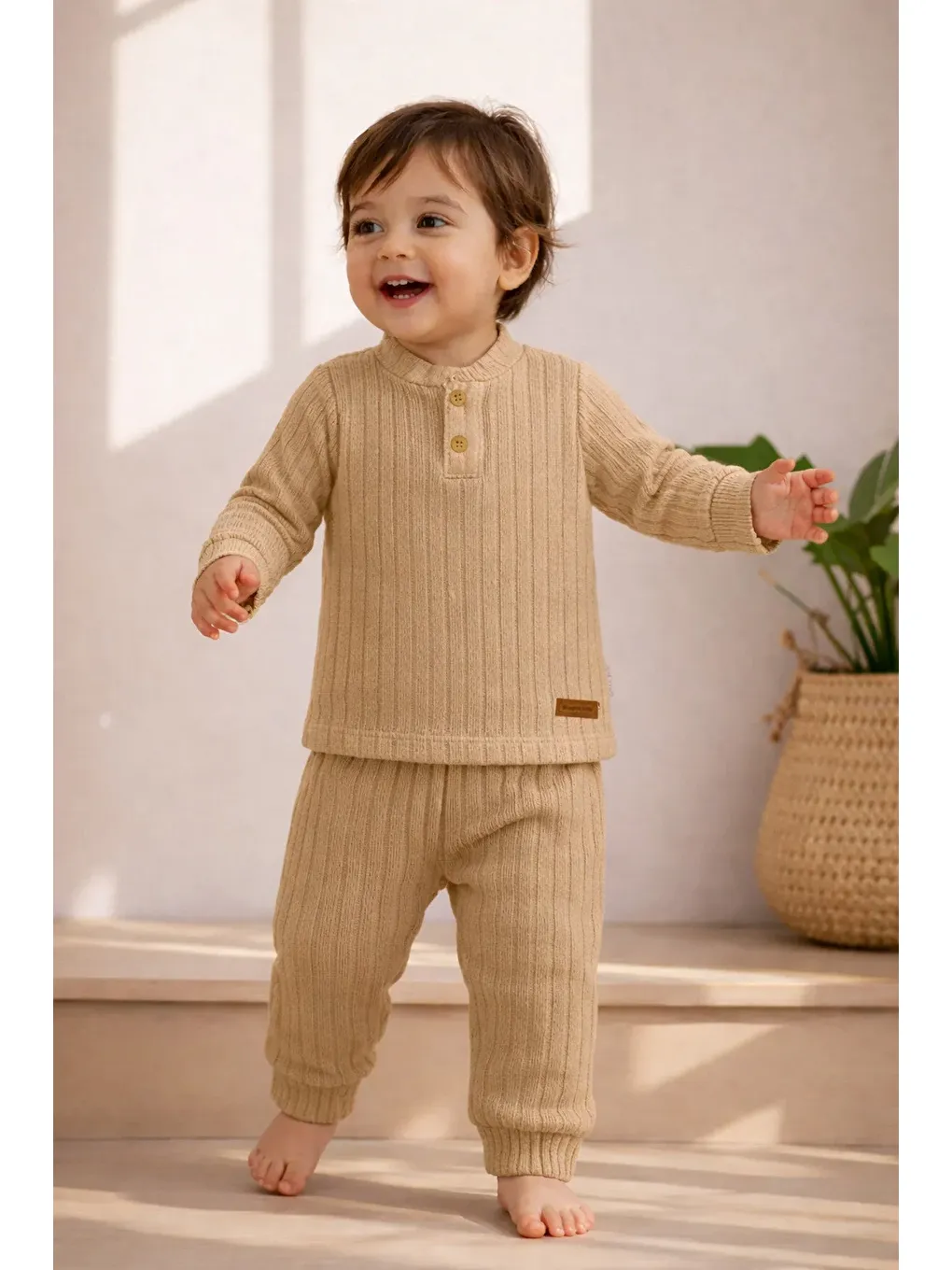 Bej Erkek Çocuk Takımı Fitilli Raporlu Kumaş İkili Alt Üst Takım (1-5 Yaş)