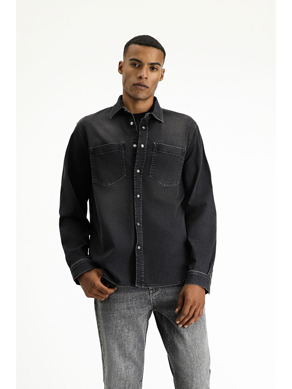 Siyah Uzun Kol Regular Fit Denim Pamuklu Gömlek-4