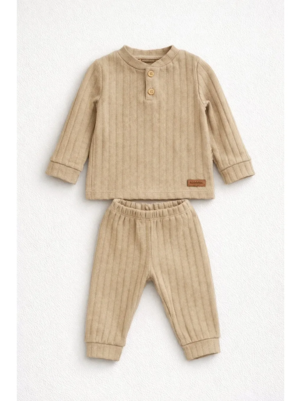Bej Erkek Çocuk Takımı Fitilli Raporlu Kumaş İkili Alt Üst Takım (1-5 Yaş)-1