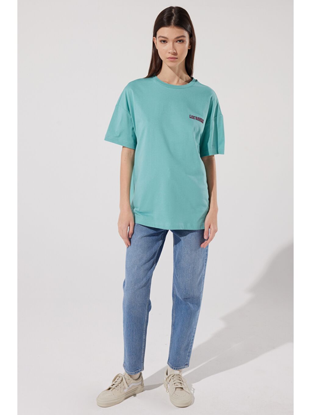 Loose Fit Rahat Kesim %100 Pamuk Bisiklet Yaka Mint Yeşili Tişört-5