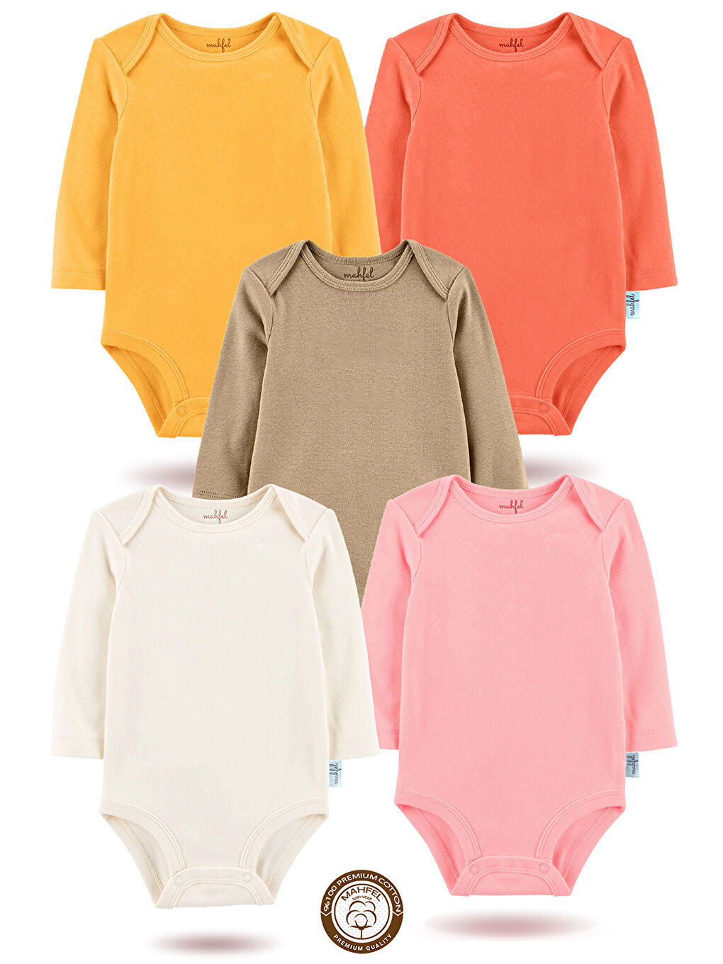 Turuncu 5'li %100 Pamuklu Uzun Kollu Basic Çıtçıtlı Bebek Body Zıbın RC