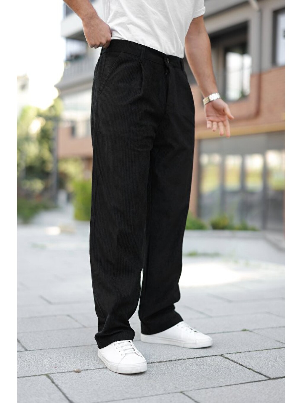 Siyah Erkek Kadife Baggy Pantolon-1