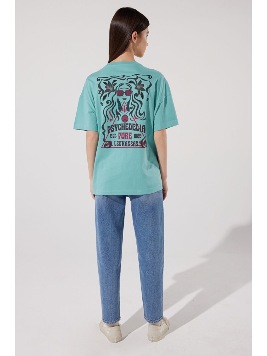 Loose Fit Rahat Kesim %100 Pamuk Bisiklet Yaka Mint Yeşili Tişört-7