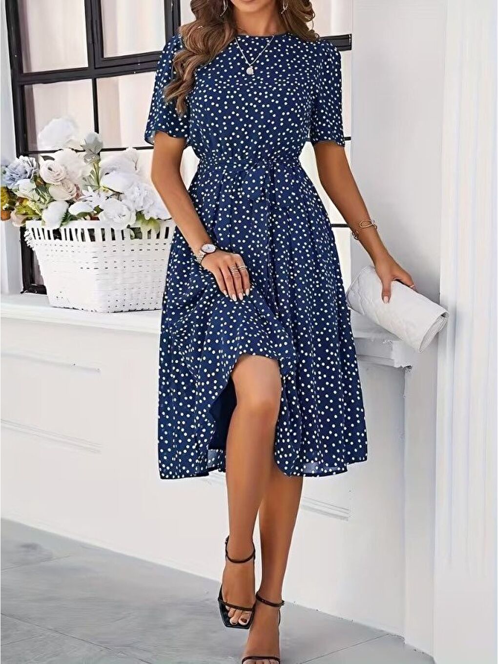 Lacivert Kadın Kısa Kollu Bisiklet Yakalı Puantiyeli Kısa Süprem Elbise-2