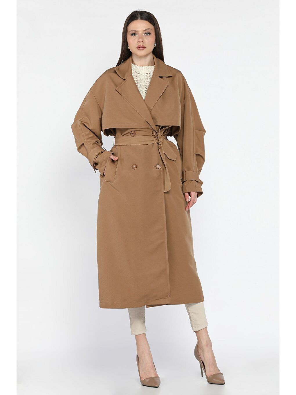 Bej Kadın Bel Kuşaklı Yırtmaçlı Oversize Trençkot