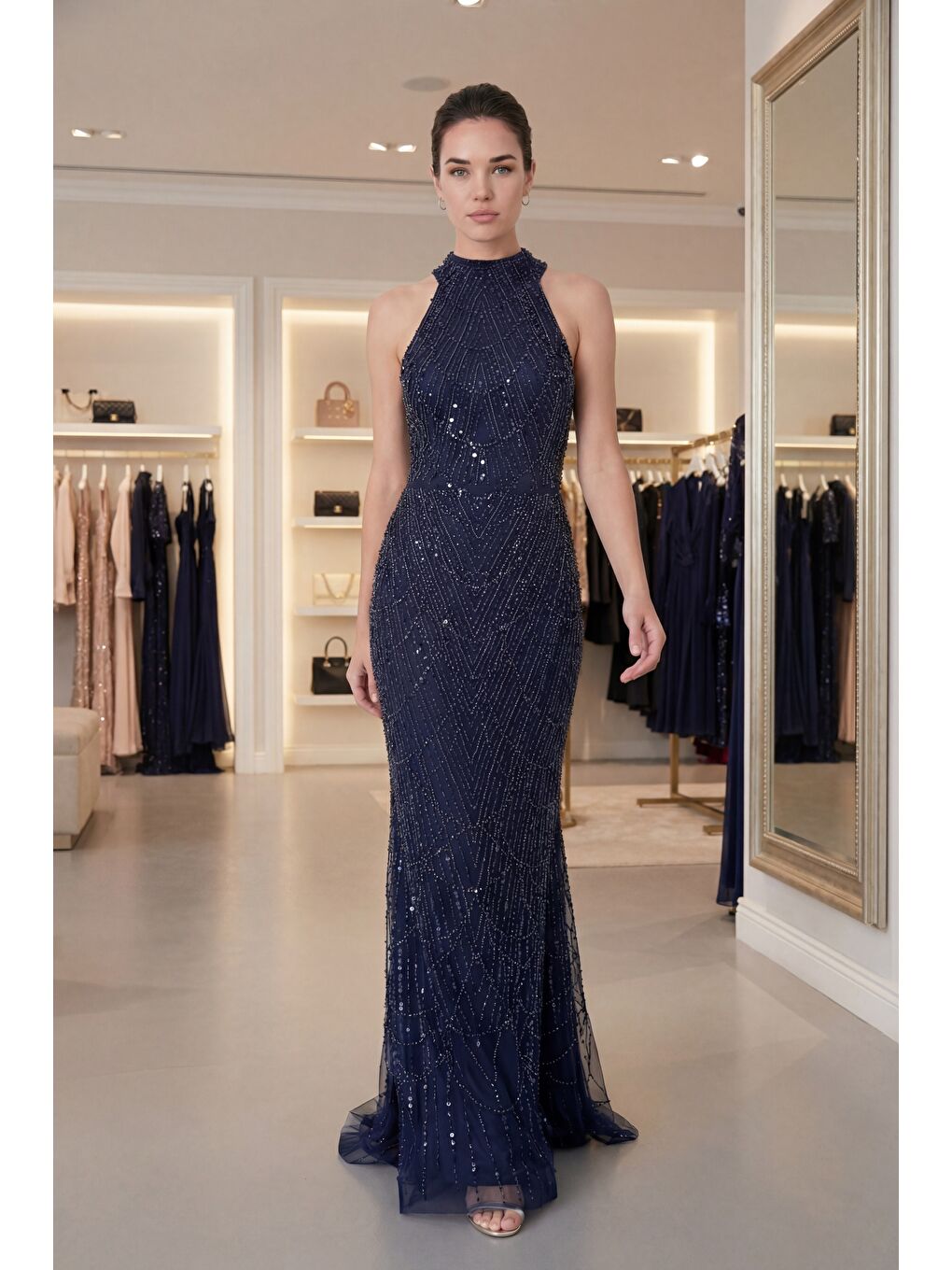 Kadın Lacivert Dar Kalıp Halter Yaka Taşlı Uzun Balık Abiye Elbise-4