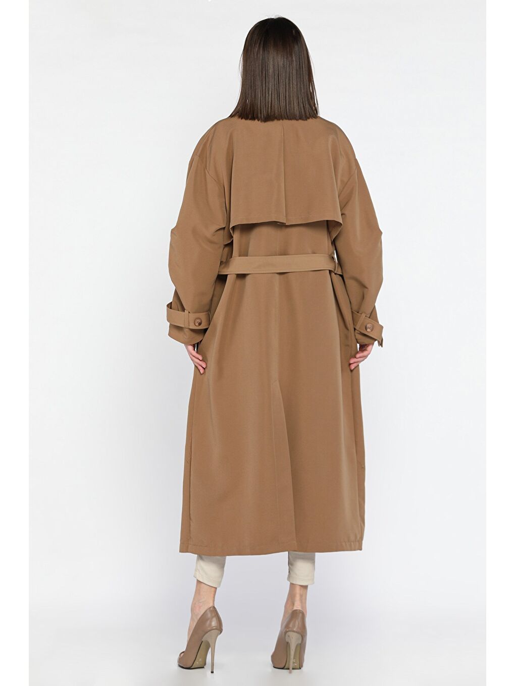 Bej Kadın Bel Kuşaklı Yırtmaçlı Oversize Trençkot-2