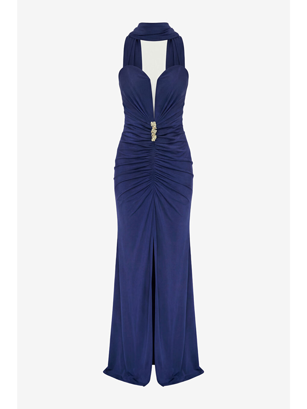 Kadın Lacivert Dar Kalıp Straplez Yaka Şal Detay Yırtmaçlı Uzun Abiye-6