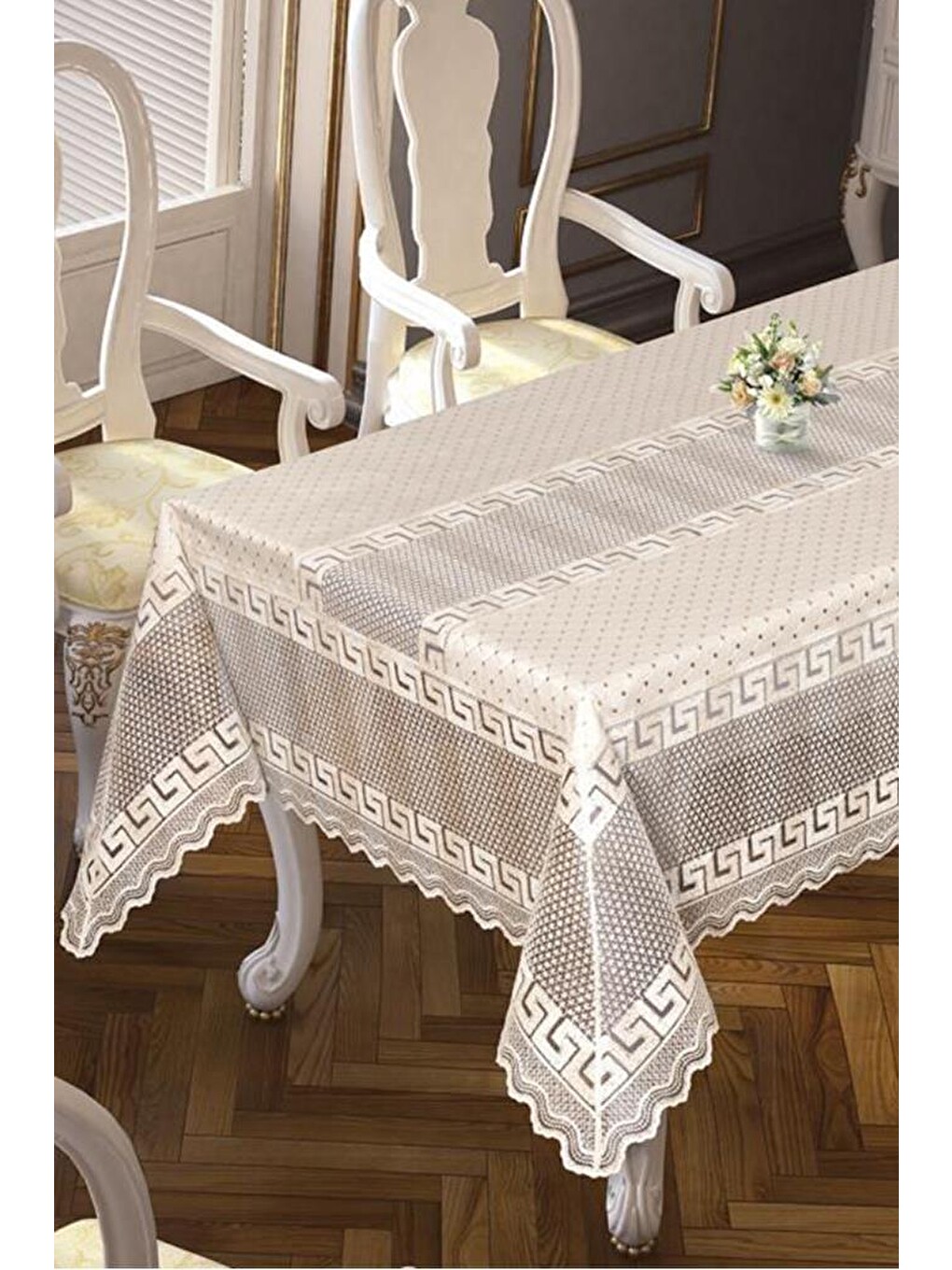 Ekru Versage Jakarlı Masa Örtüsü Krem 160x220 Cm-1