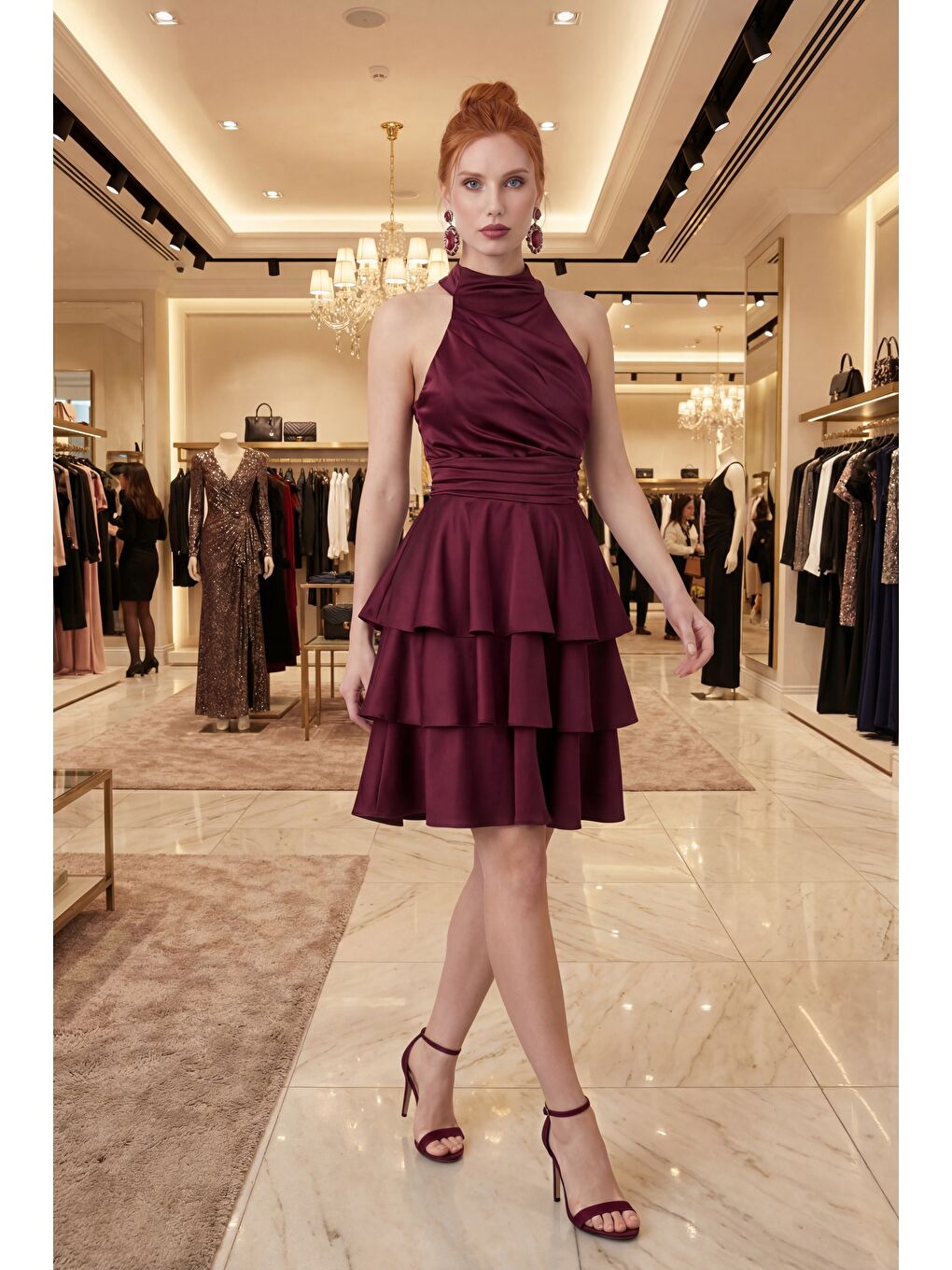 Kadın Bordo Halter Yaka Saten Mini Mezuniyet Abiye Elbise-4