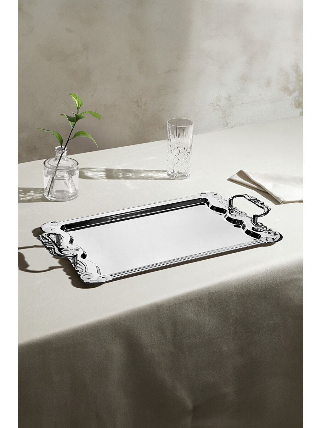 Gri Babil Sade Çelik Çay Tepsi