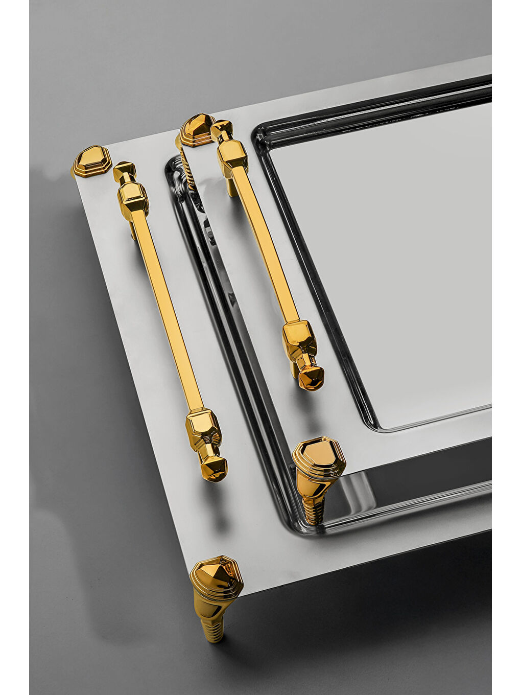 Sarı Verona Ayaklı 2'li Altın Saten Çelik Tepsi Seti-1