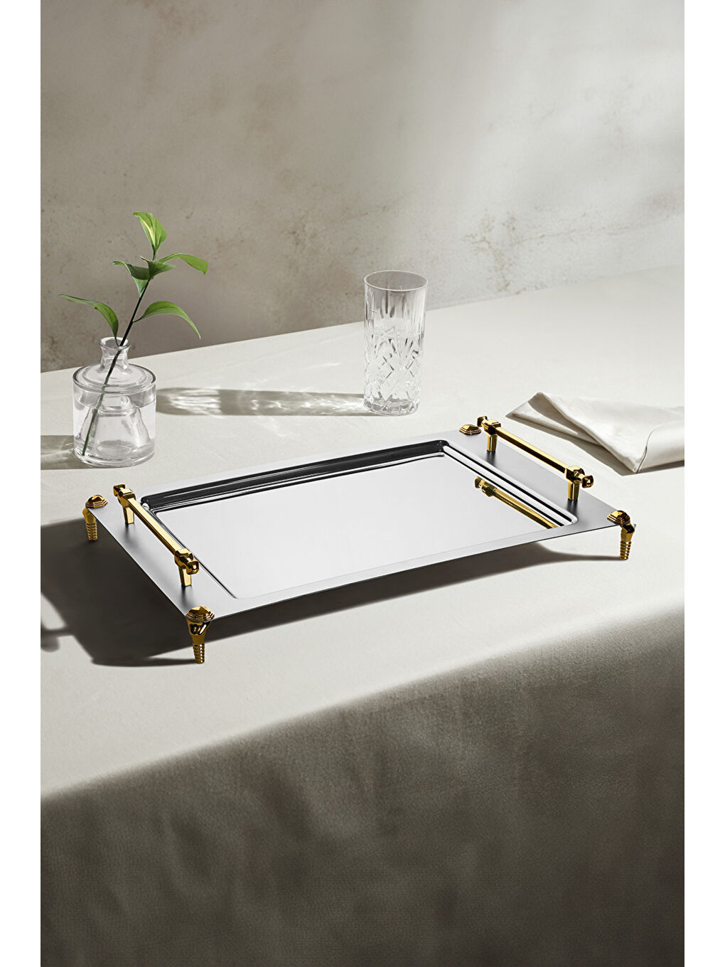 Sarı Verona Ayaklı 2'li Altın Saten Çelik Tepsi Seti-3