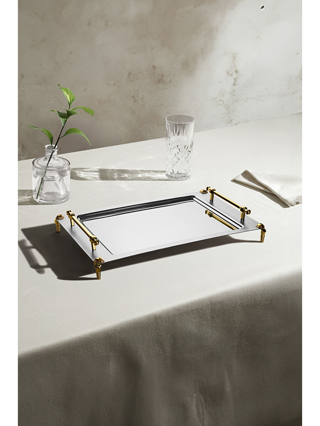 Sarı Verona Ayaklı 2'li Altın Saten Çelik Tepsi Seti-4