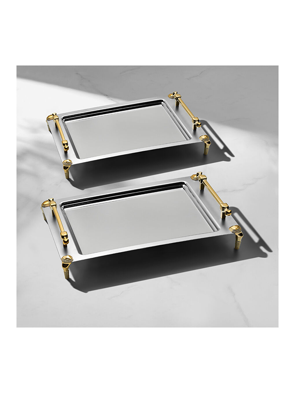 Sarı Verona Ayaklı 2'li Altın Saten Çelik Tepsi Seti-5