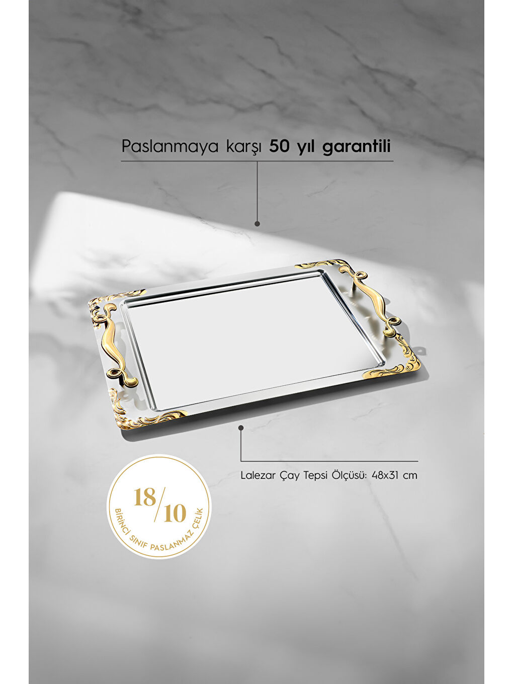 Sarı Lalezar Altın Sade Çelik Çay Tepsi-1