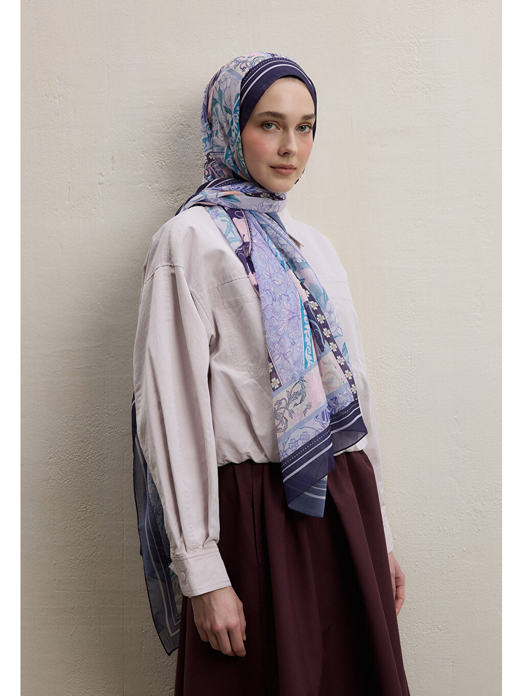 Lila Lılıes Desen İpek Krep Şal Lavanta