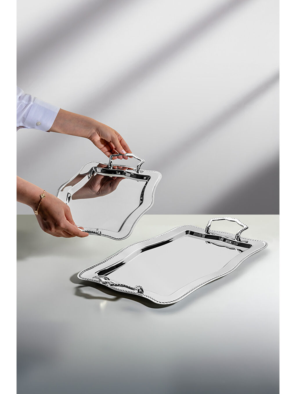 Gri Zincir 2'li Sade Çelik Tepsi Seti-1