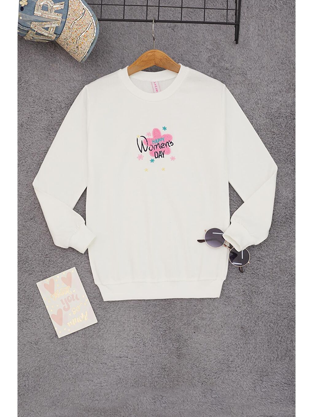 Ekru Çiçek Nakışlı Kız Çocuk Kız Çocuk Sweatshirt 17191