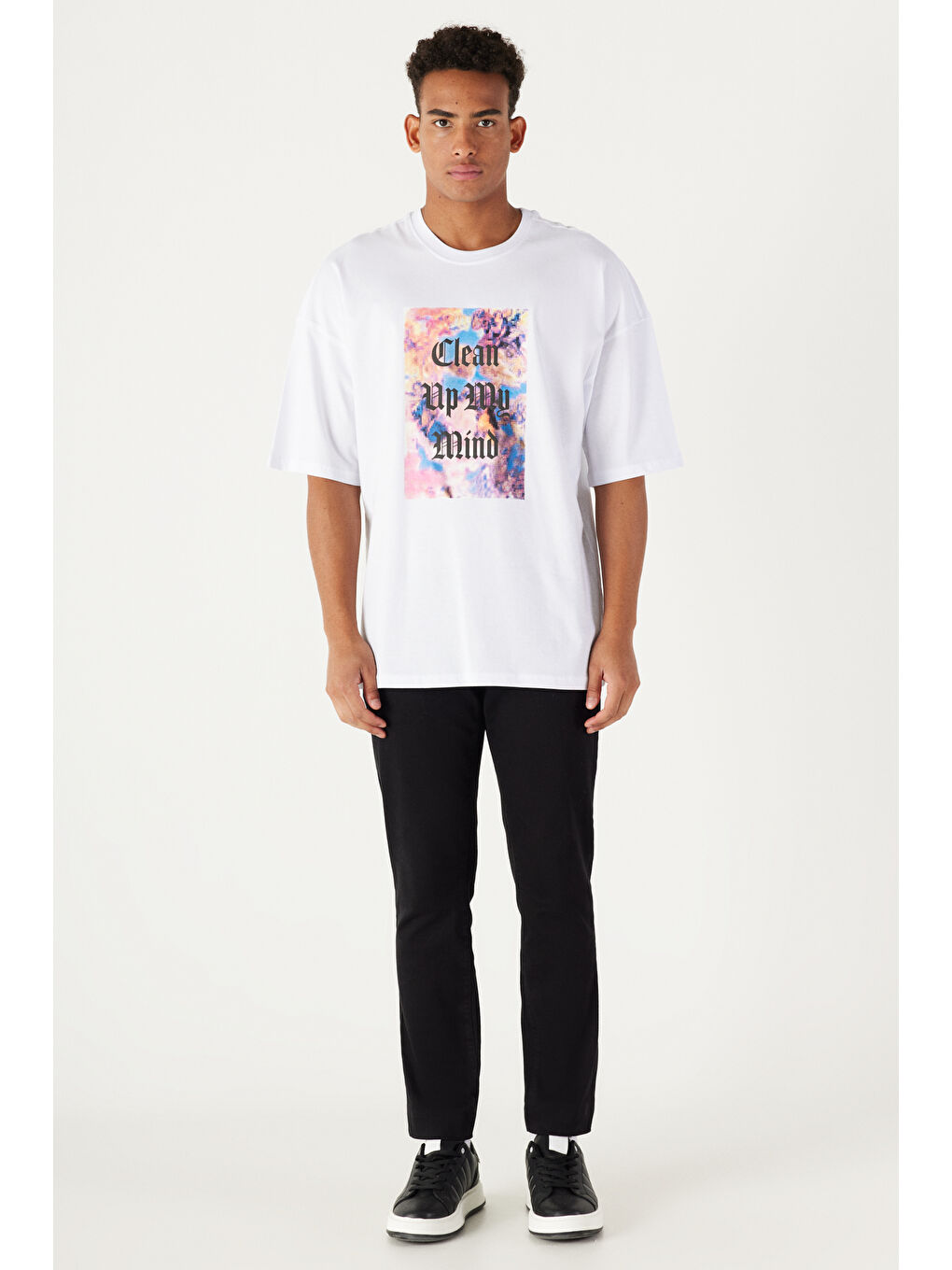 Erkek Beyaz Oversize Bisiklet Yaka %100 Pamuk Baskılı Kısa Kollu Tişört-1