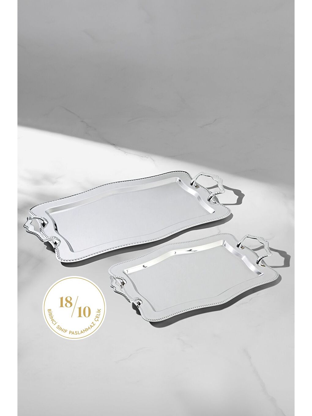 Gri Zincir 2'li Sade Çelik Tepsi Seti-3