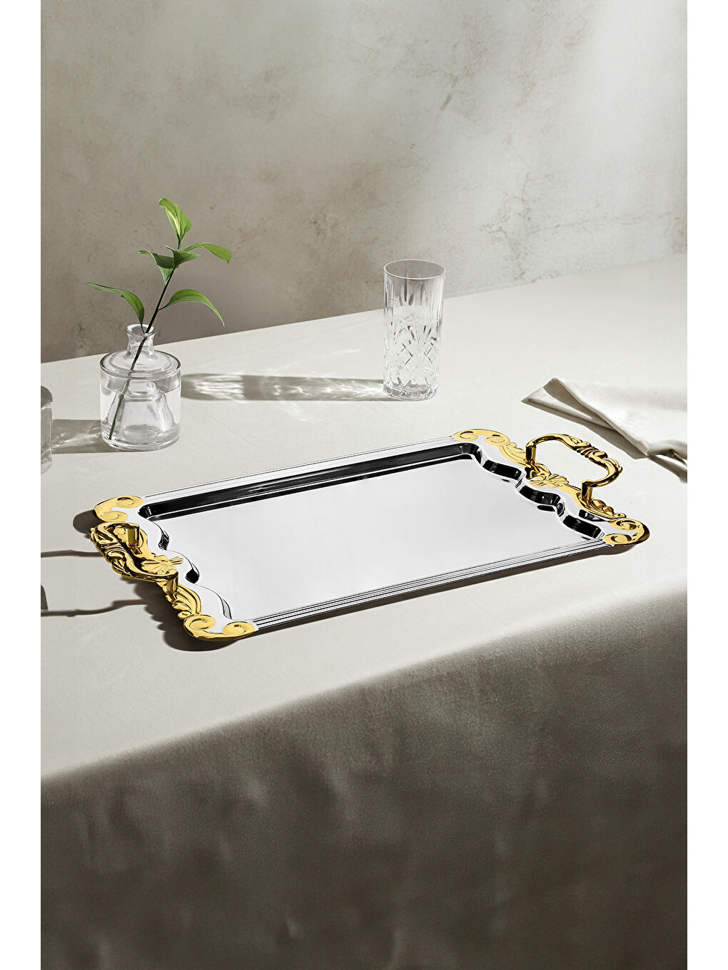 Sarı Babil Altın Sade Çelik Çay Tepsi