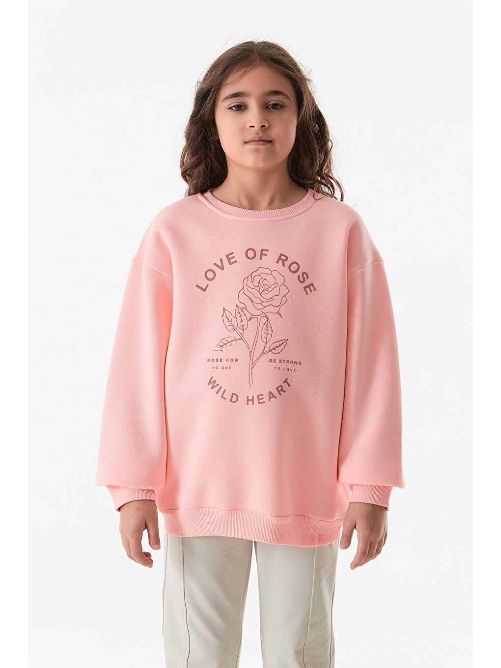 Pembe 3 İplik Yazı Baskılı Bisiklet Yaka Kız Çocuk Sweatshirt