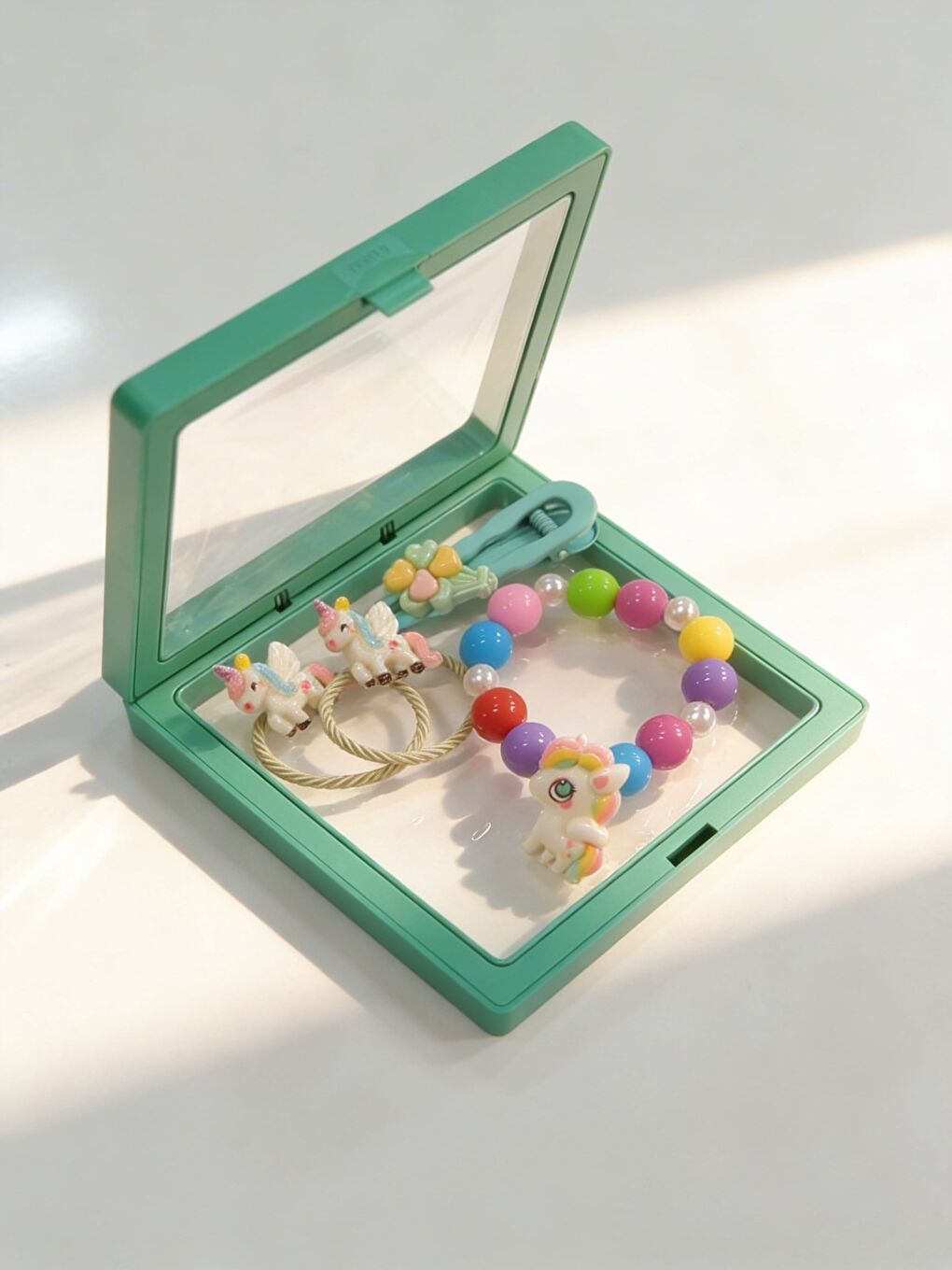 Kız Çocuk 4'Lü Renkli Unicornlu Plastik Kutulu Toka Bileklik Seti Yeşil-1