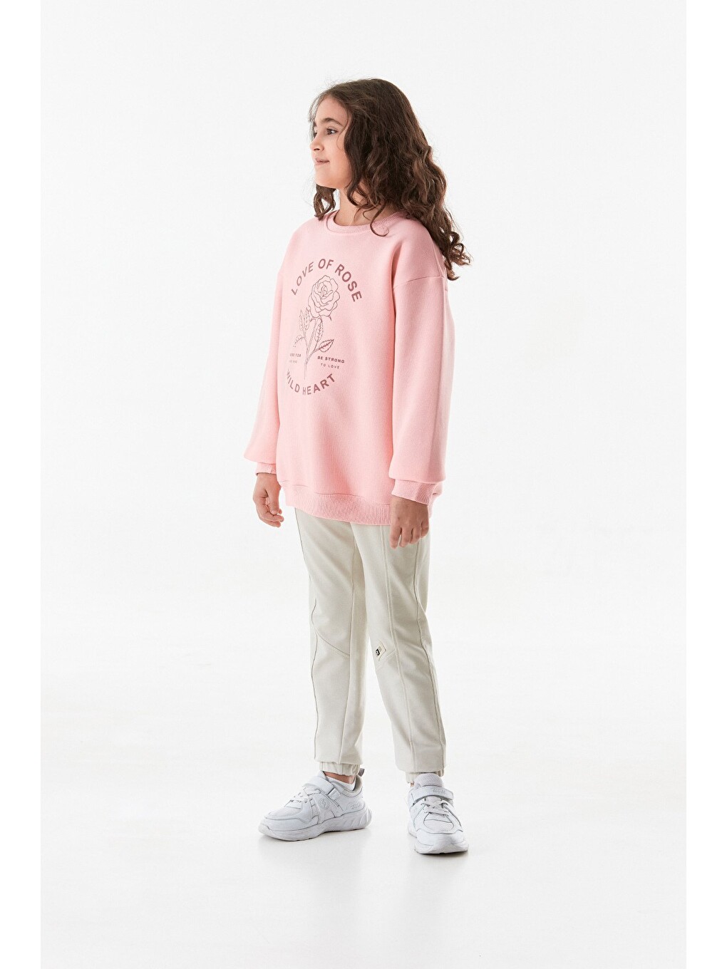 Pembe 3 İplik Yazı Baskılı Bisiklet Yaka Kız Çocuk Sweatshirt-1
