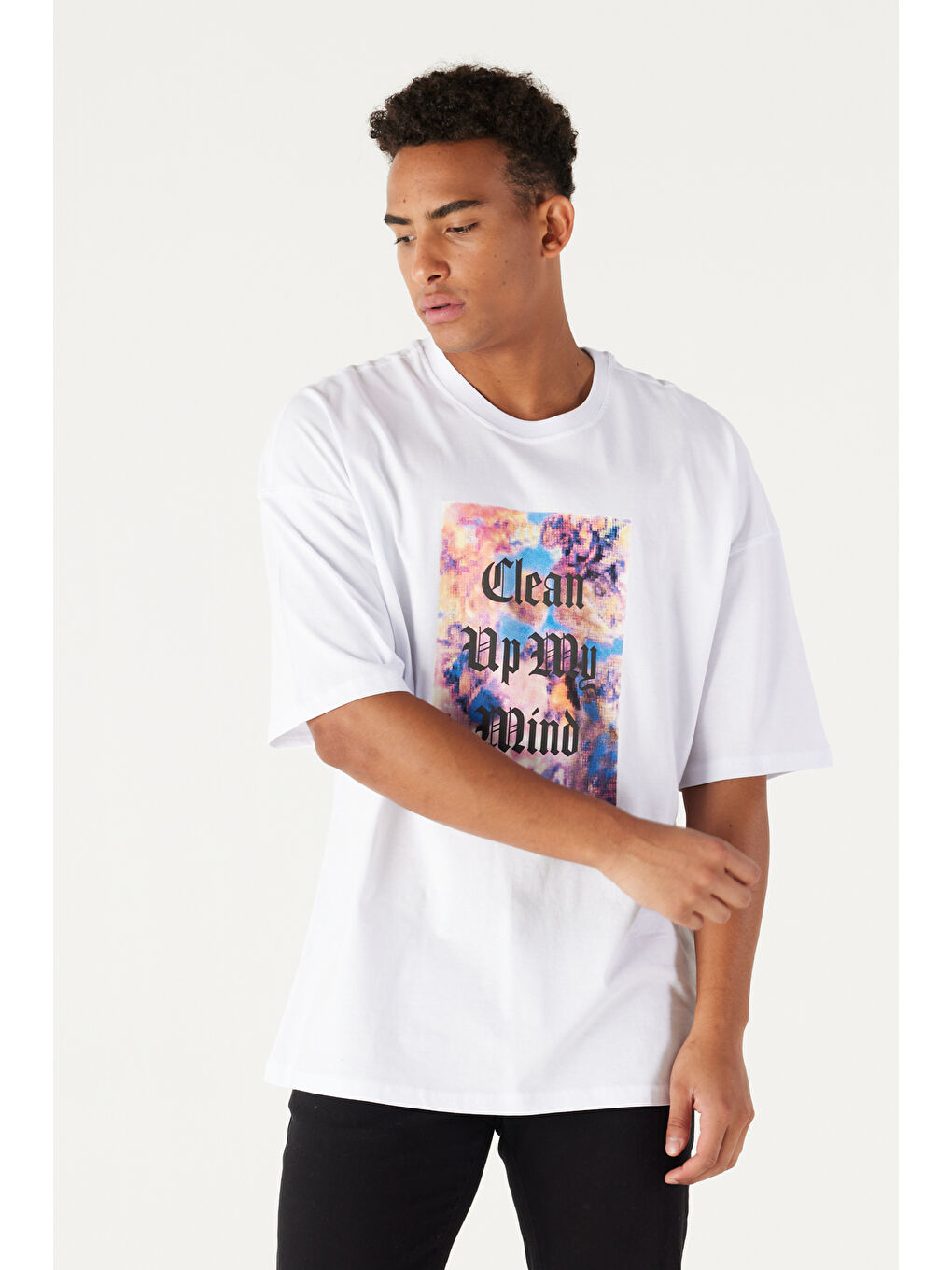 Erkek Beyaz Oversize Bisiklet Yaka %100 Pamuk Baskılı Kısa Kollu Tişört-2