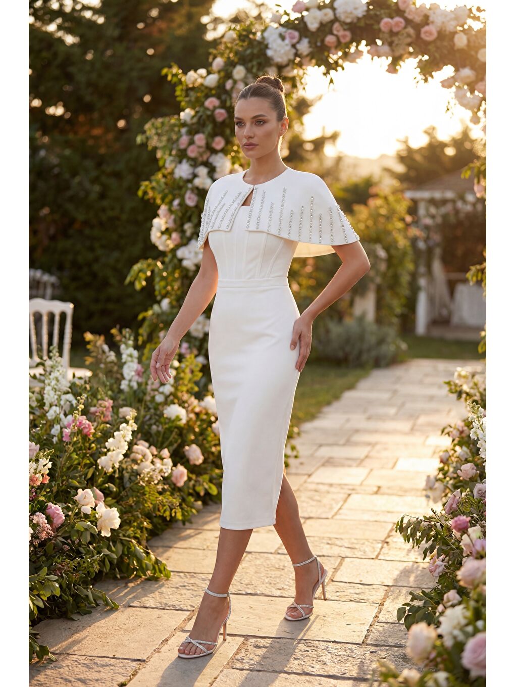 Kadın Beyaz Dar Kalıp Ceketli Taşlı Midi Söz Nişan Nikah Abiye Elbise-3