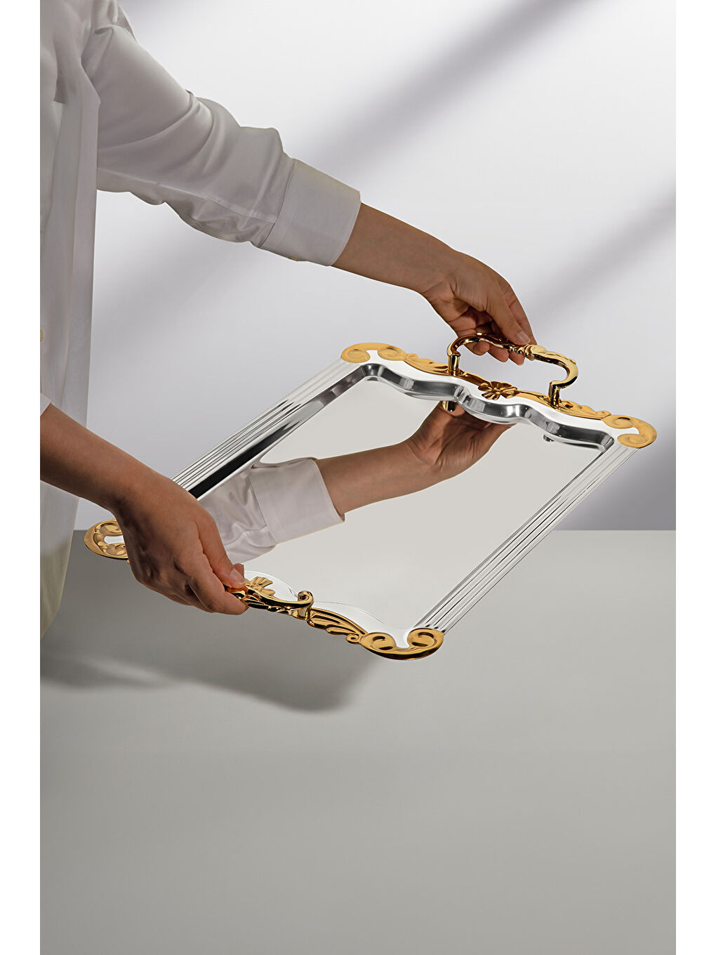 Sarı Babil Altın Sade Çelik Çay Tepsi-1