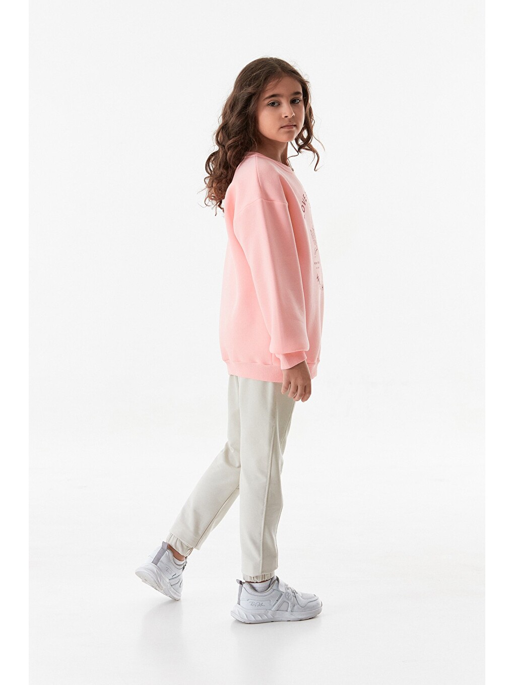 Pembe 3 İplik Yazı Baskılı Bisiklet Yaka Kız Çocuk Sweatshirt-3