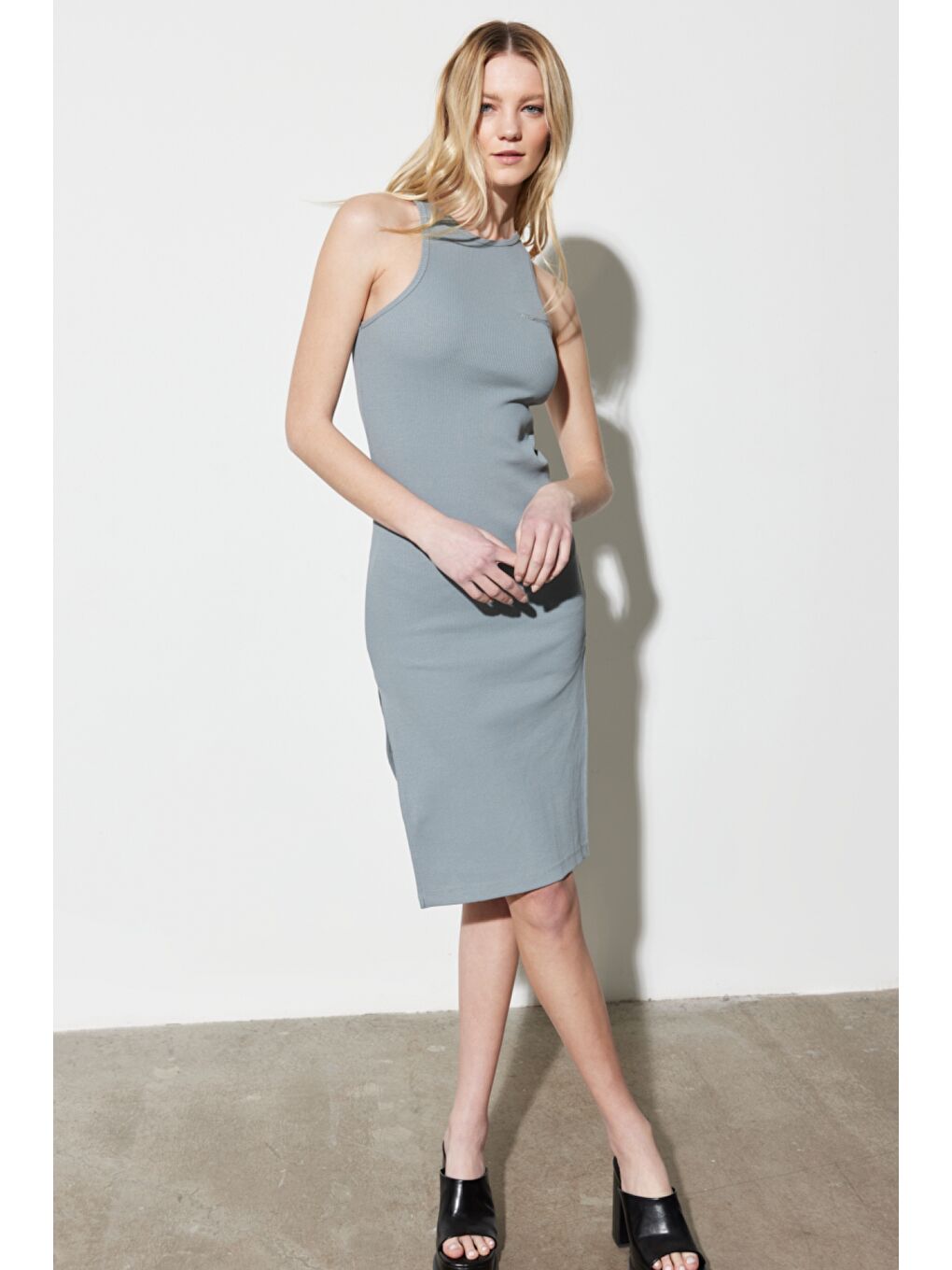 Yeşil Skinny Fit %100 Pamuk Kolsuz Elbise