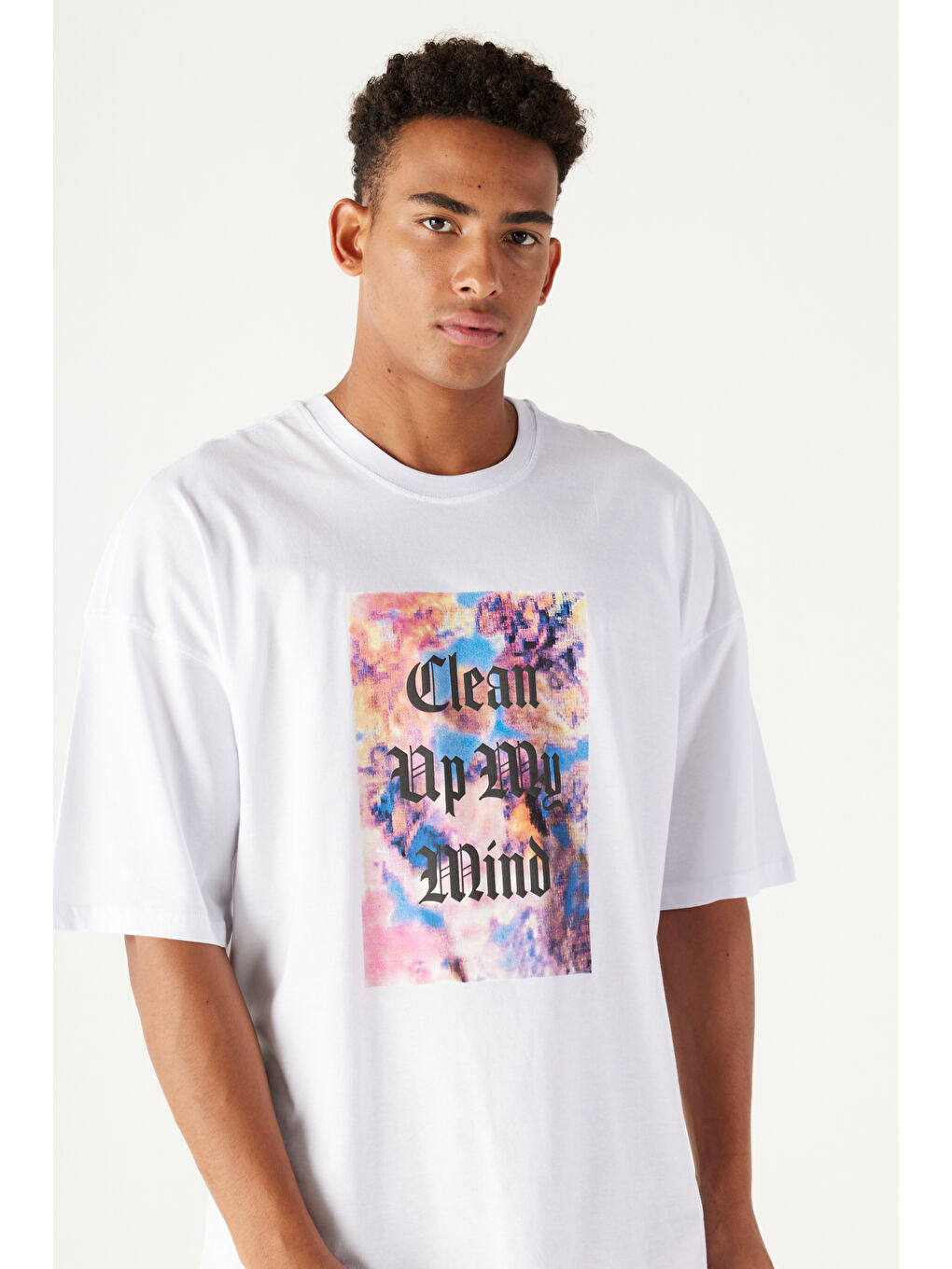 Erkek Beyaz Oversize Bisiklet Yaka %100 Pamuk Baskılı Kısa Kollu Tişört-3