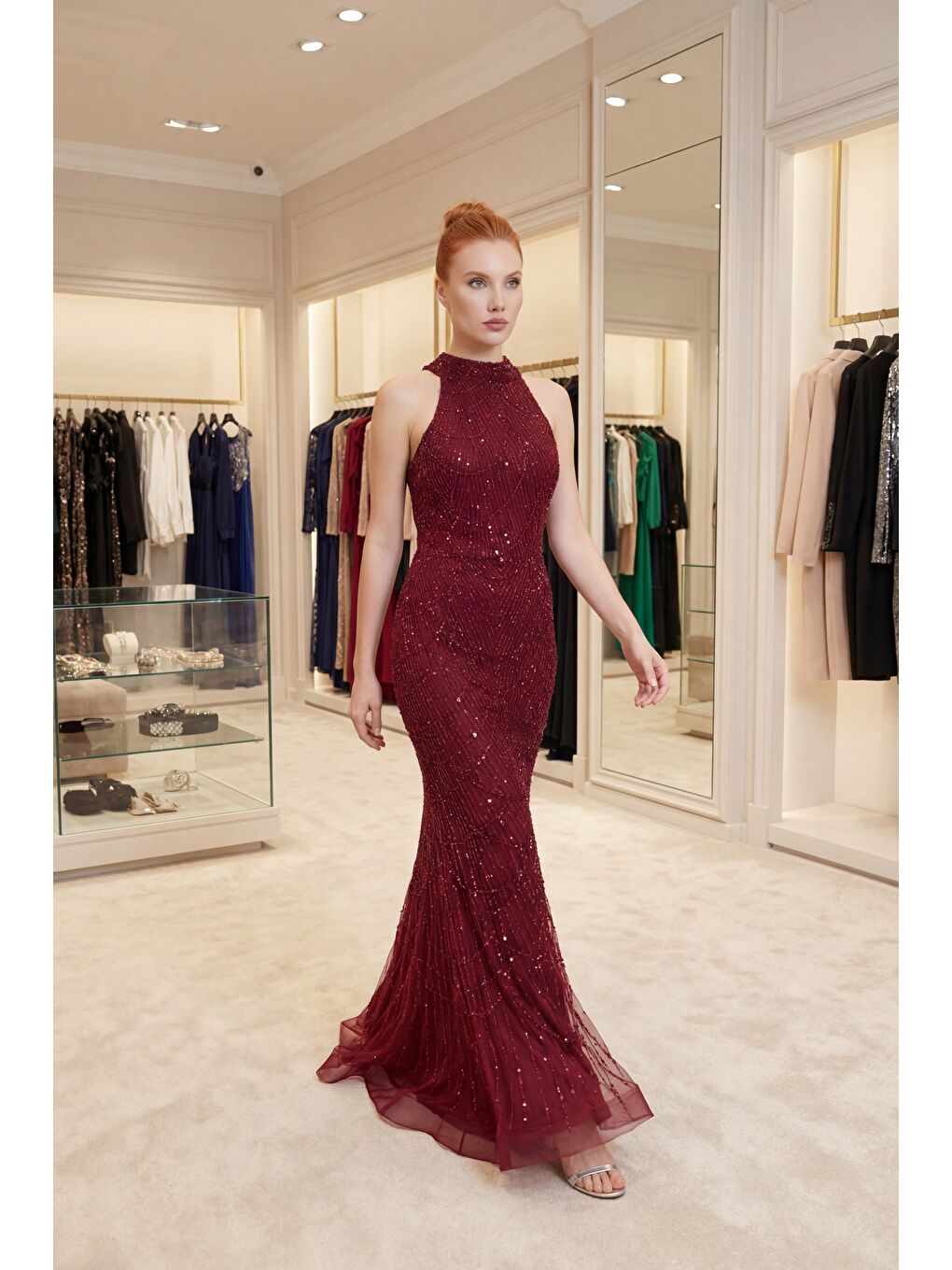 Kadın Bordo Dar Kalıp Halter Yaka Taşlı Uzun Balık Abiye Elbise-4