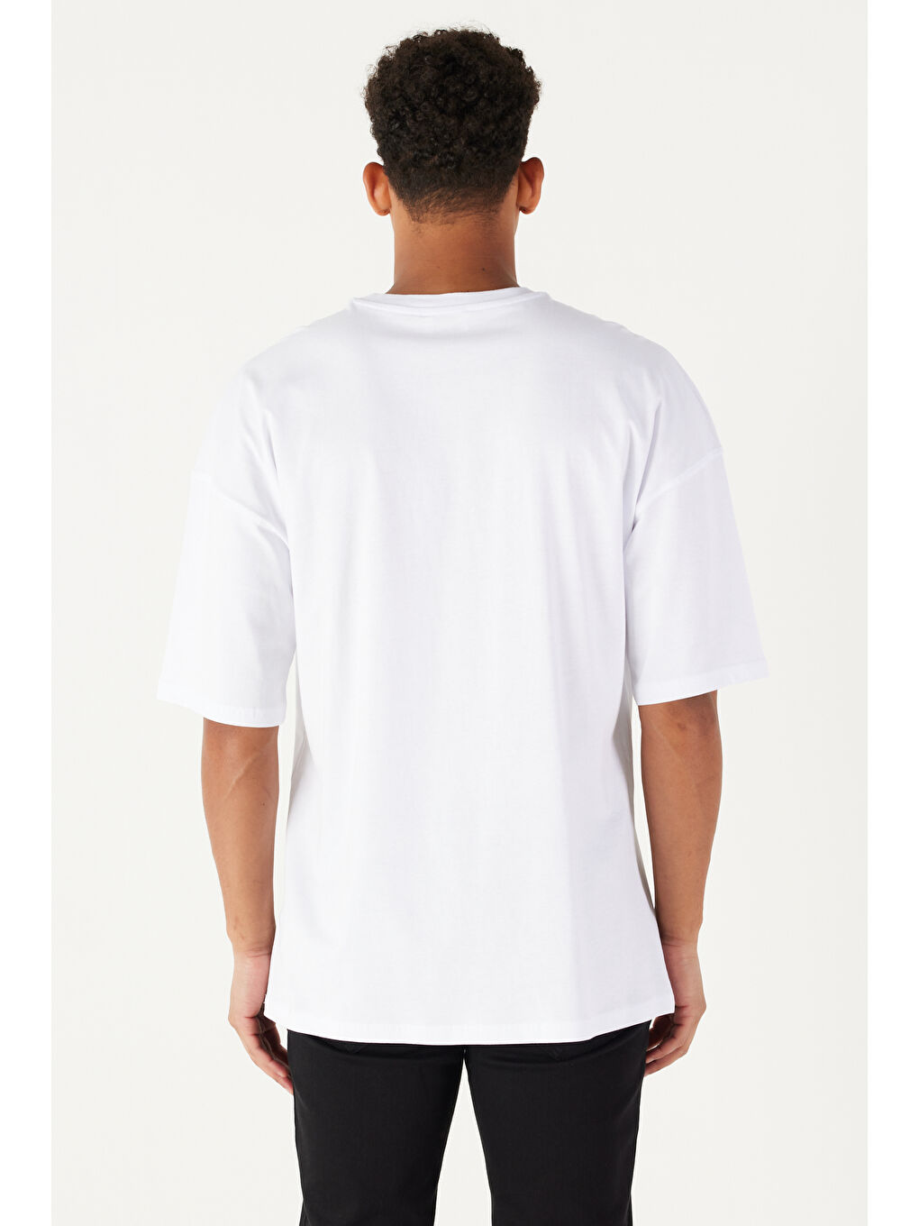 Erkek Beyaz Oversize Bisiklet Yaka %100 Pamuk Baskılı Kısa Kollu Tişört-4
