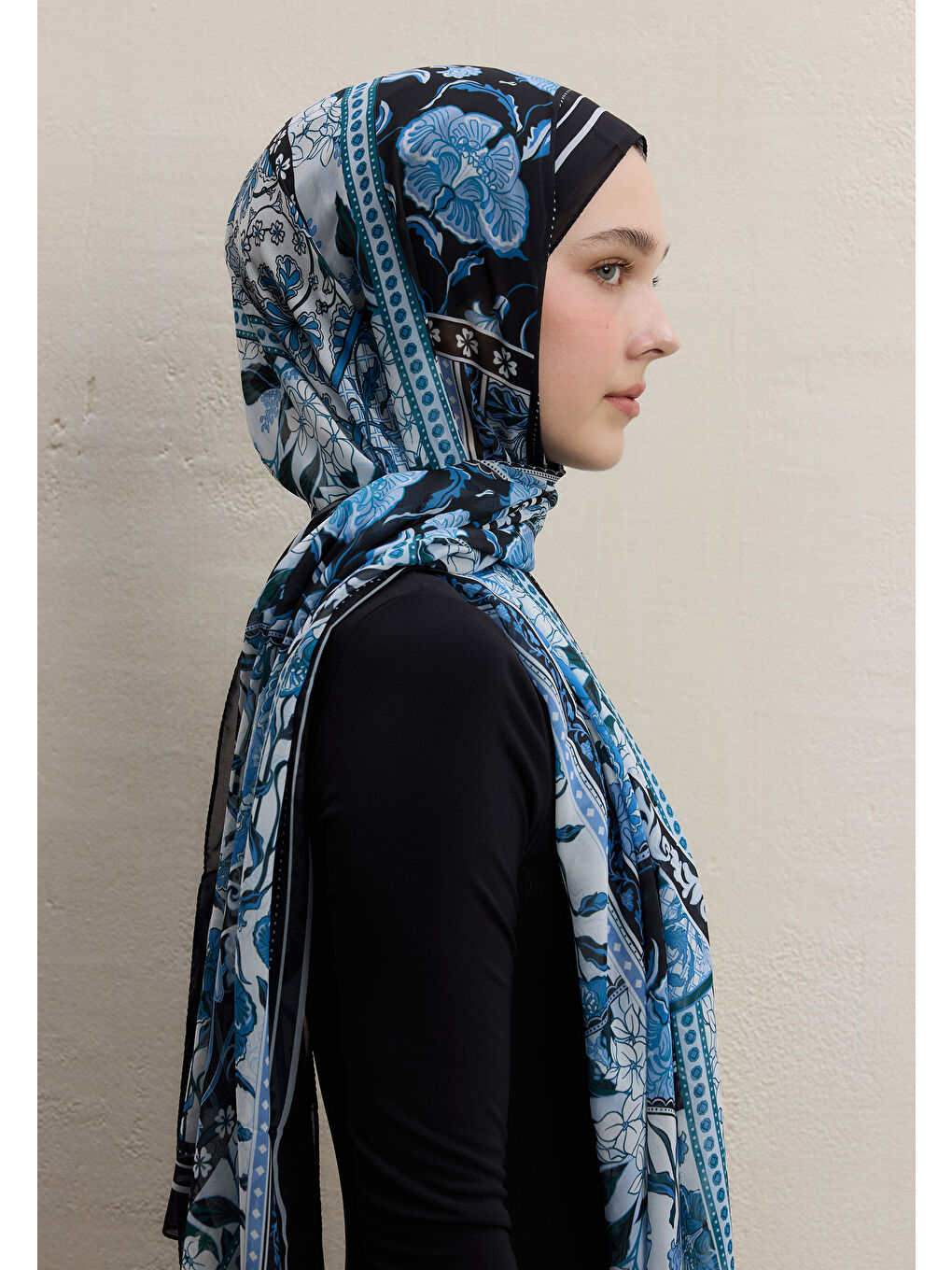 Lılıes Desen İpek Krep Şal Lacivert-3