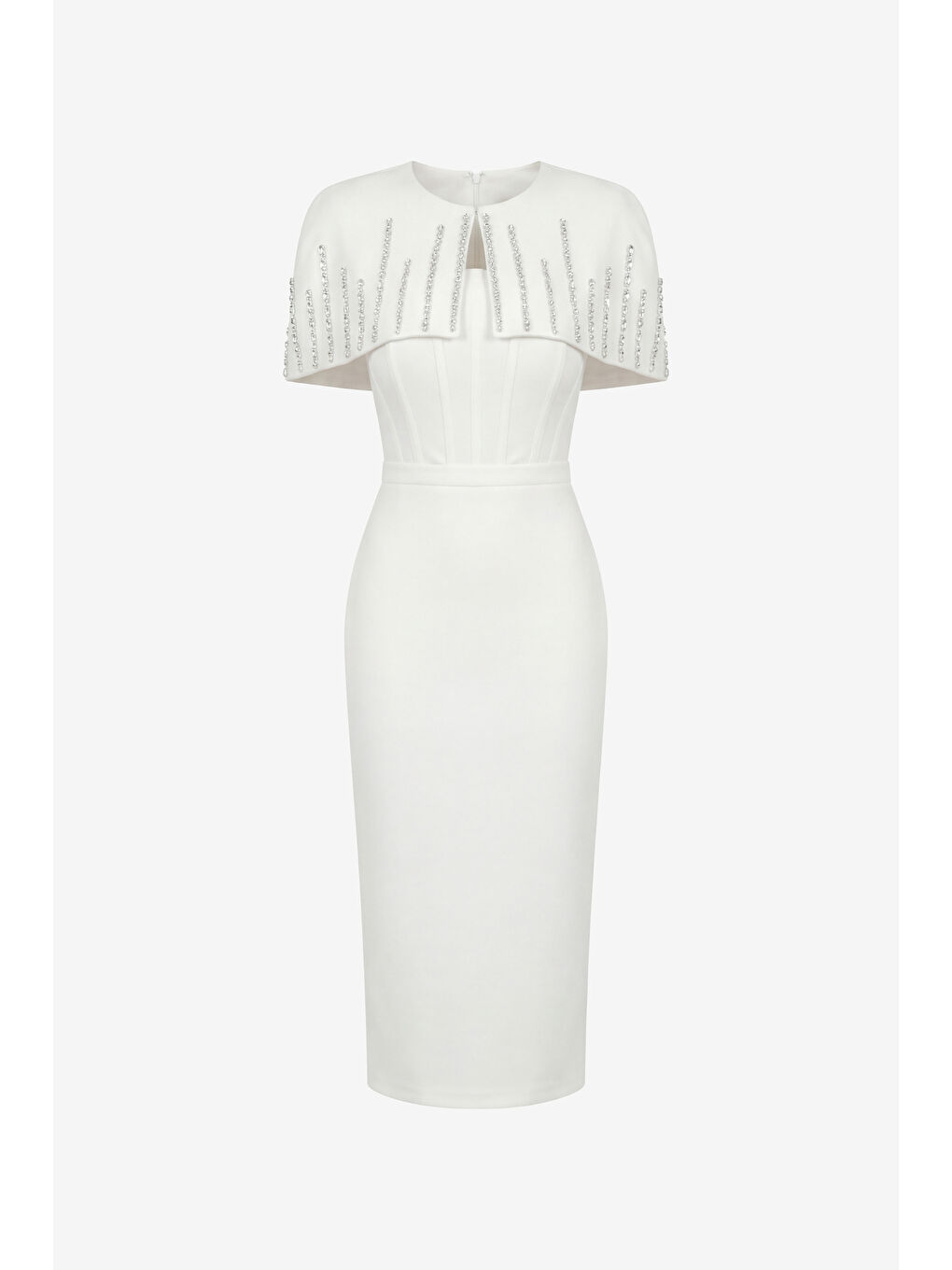 Kadın Beyaz Dar Kalıp Ceketli Taşlı Midi Söz Nişan Nikah Abiye Elbise-5