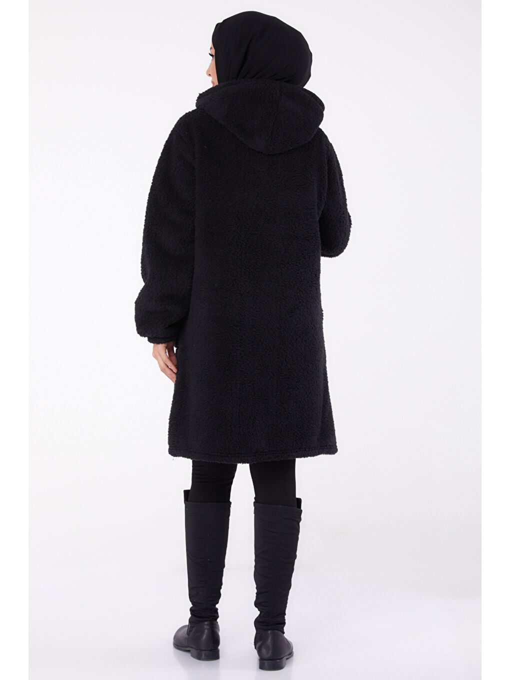 Siyah Kapüşonlu CEP DETAY FERMUARLI MİDİ Pelüş MONT   13352-4