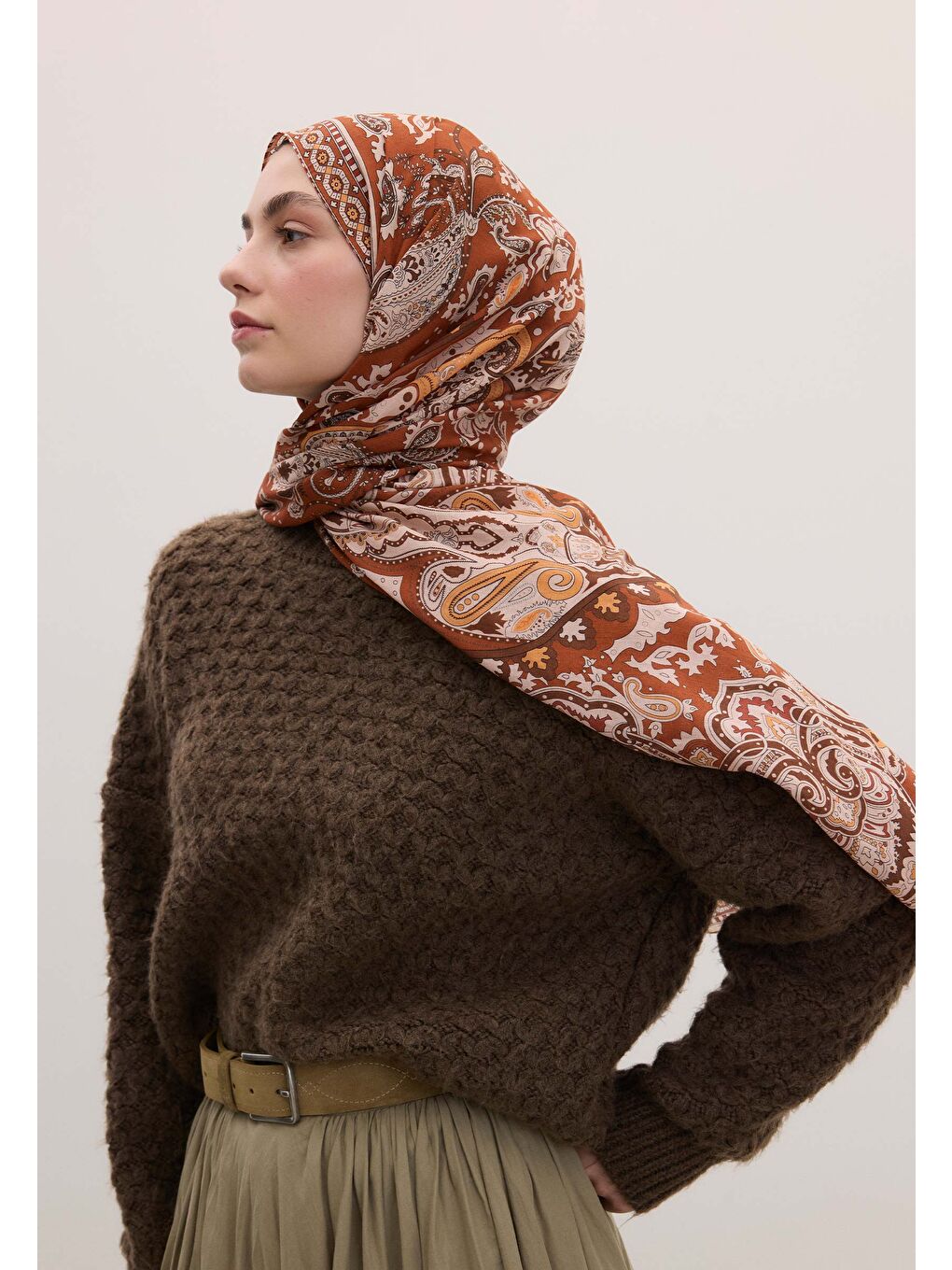 Turuncu Lena Desen Şal Bakır