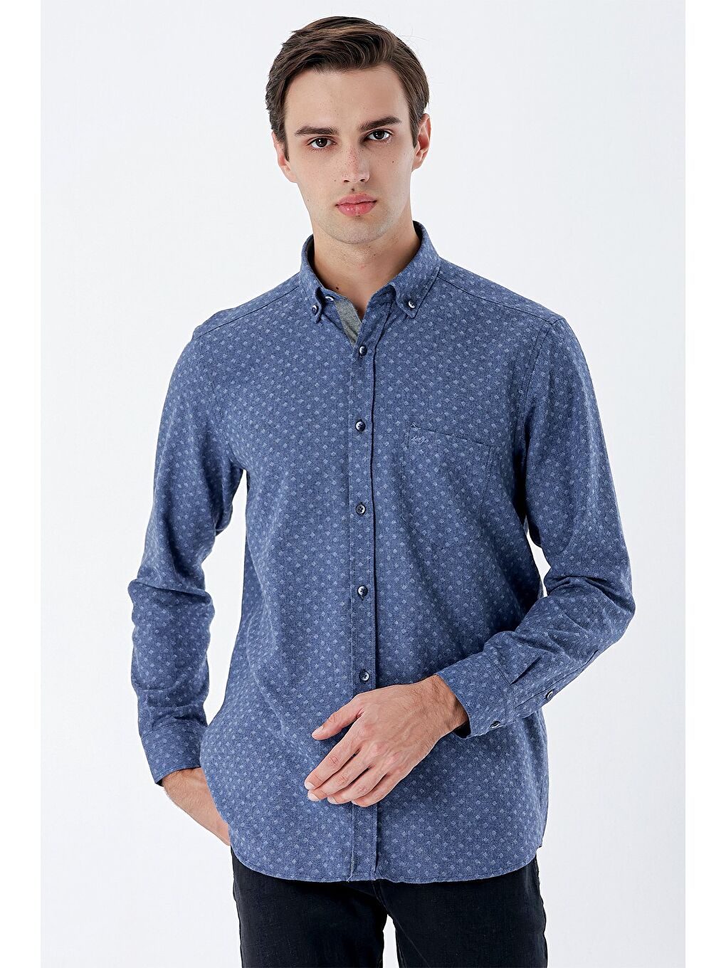 Koyu Lacivert Uzun Kollu Cepli Garnili Pamuklu Klasik Comfort Fit Gömlek 1004235140