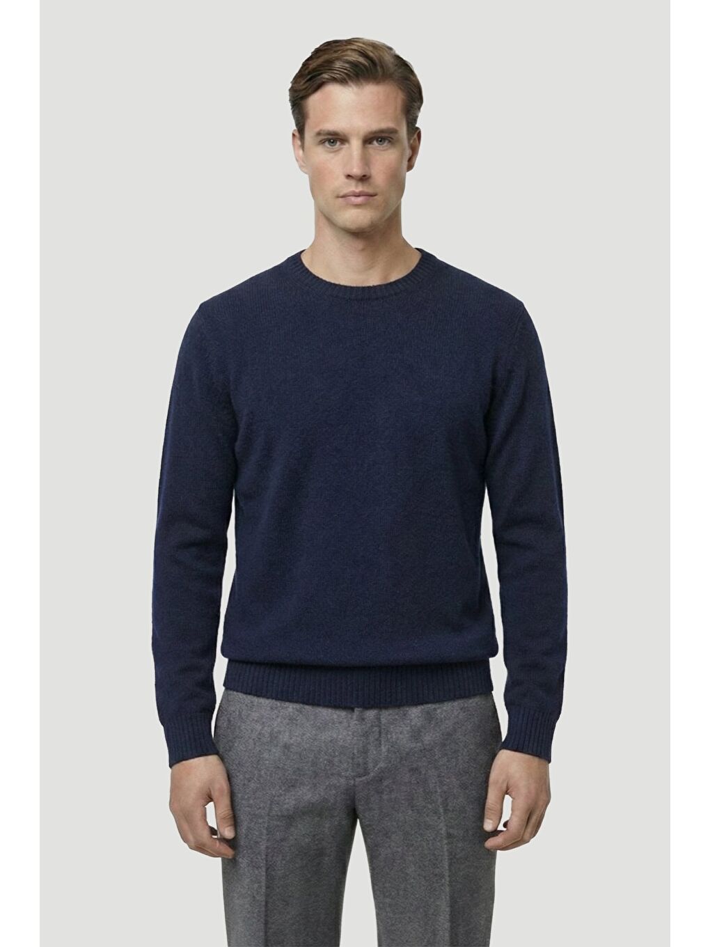 Lacivert Standart Fit Yün Karışımlı Bisiklet Yaka Düz Erkek Triko Kazak