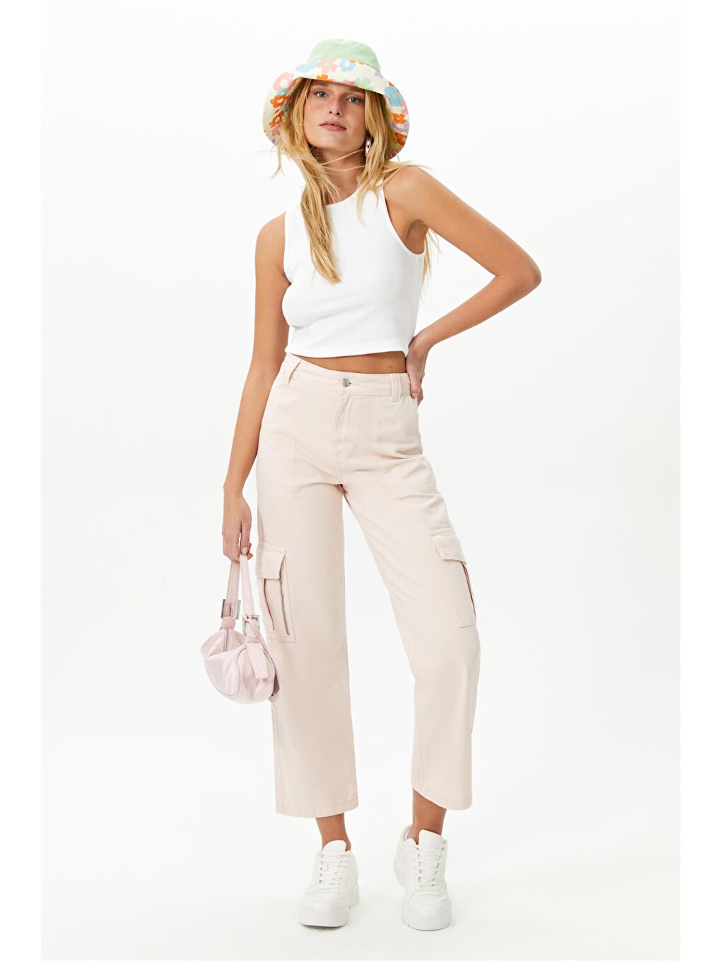 Pembe %100 Pamuk Pudra Yüksek Bel Kargo Cepli Pantolon