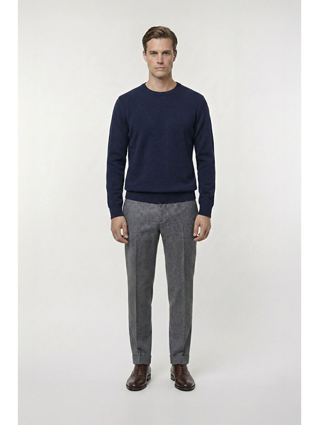 Lacivert Standart Fit Yün Karışımlı Bisiklet Yaka Düz Erkek Triko Kazak-1