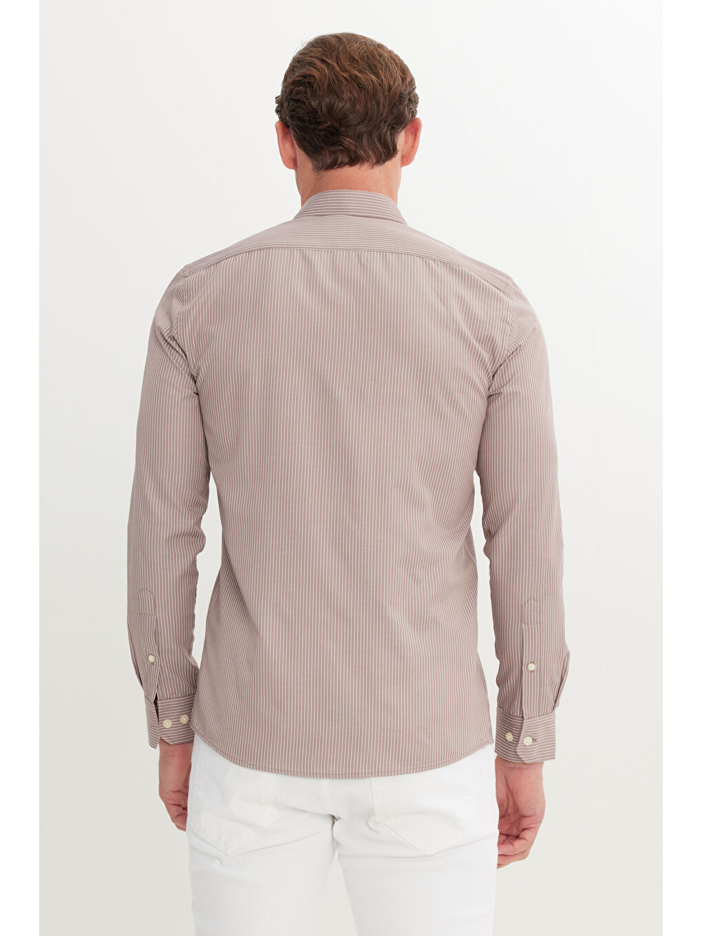 Erkek Kahverengi Pamuklu Slim Fit Dar Kesim Düğmeli Yaka Çizgili Gömlek-4