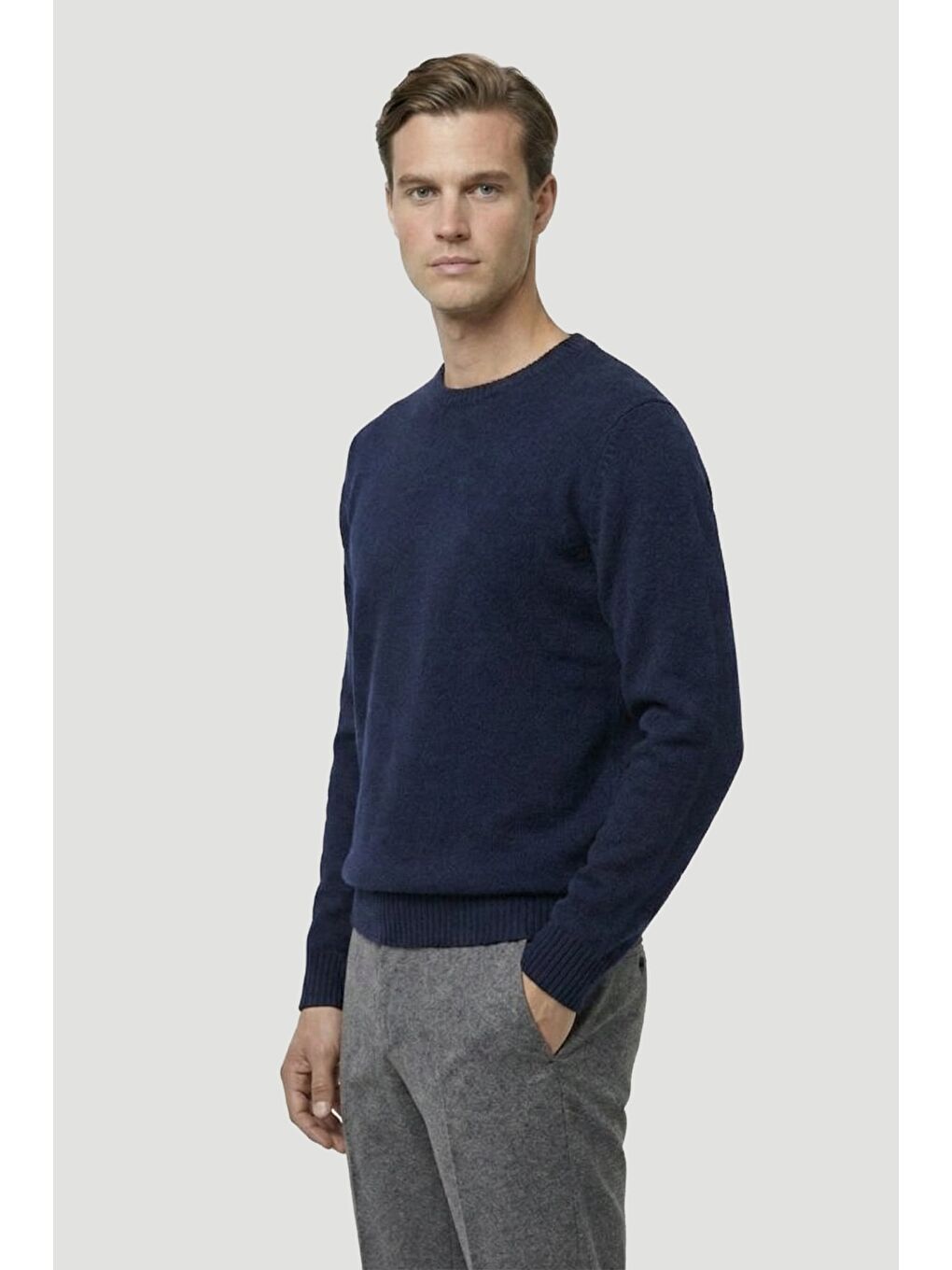 Lacivert Standart Fit Yün Karışımlı Bisiklet Yaka Düz Erkek Triko Kazak-2