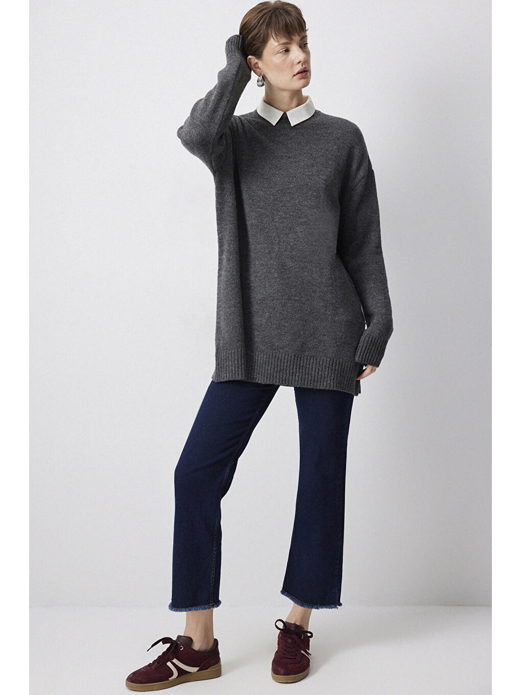 Gri Düz Renk Triko Kazak