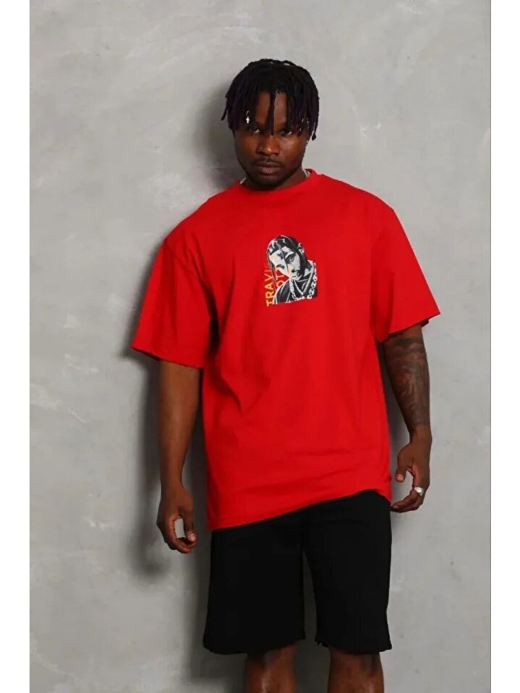 Kırmızı Erkek Baskılı Tişört-1